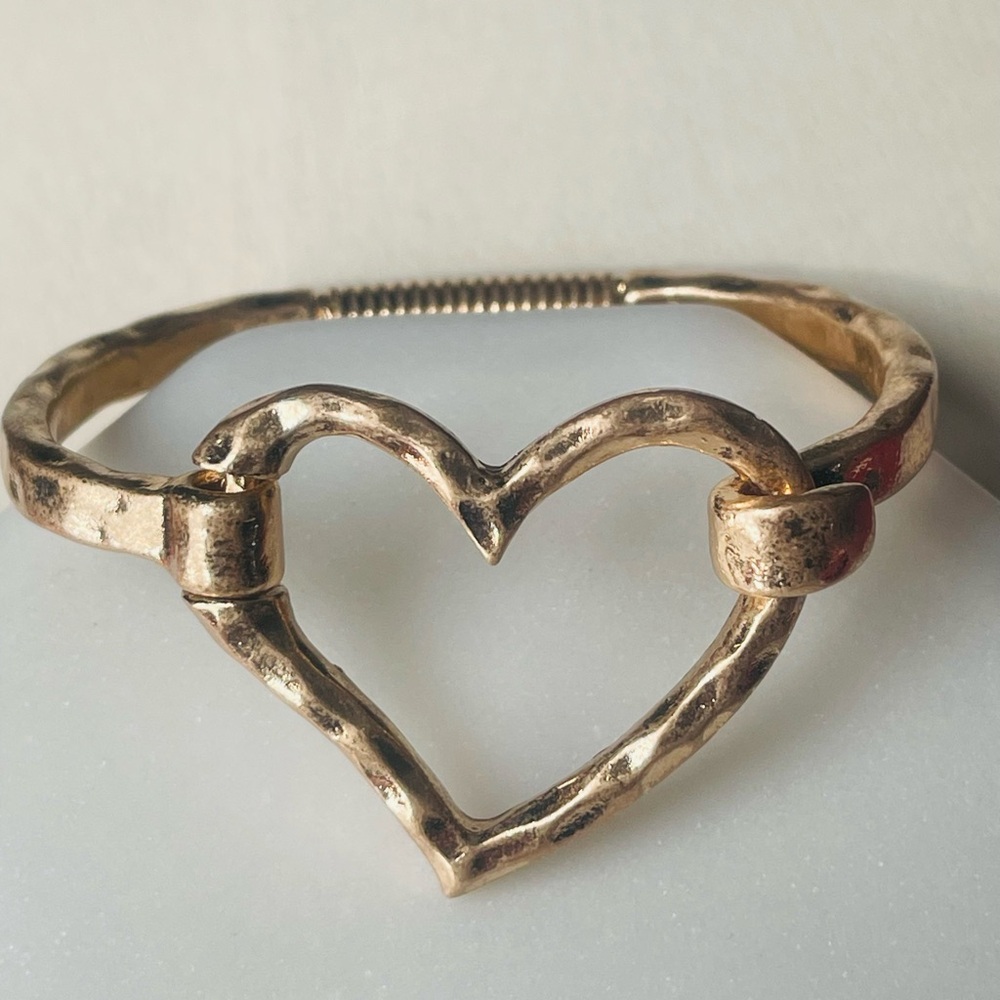 Heart Bracelet Bangle Hammered Gold